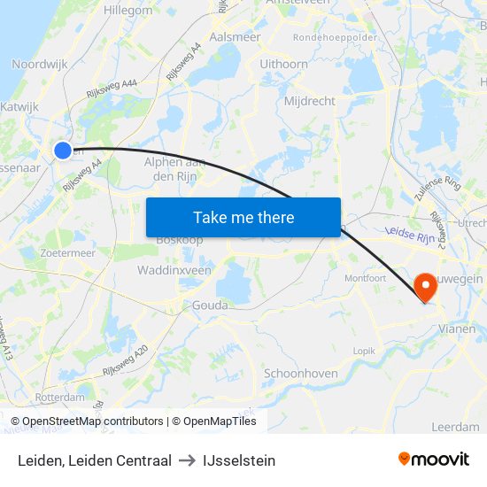 Leiden, Leiden Centraal to IJsselstein map
