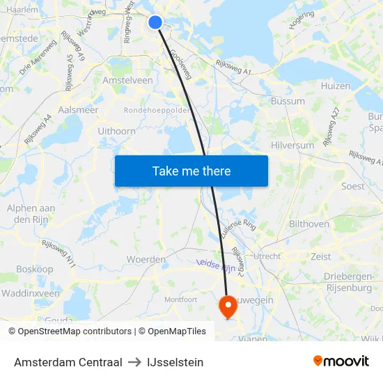 Amsterdam Centraal to IJsselstein map