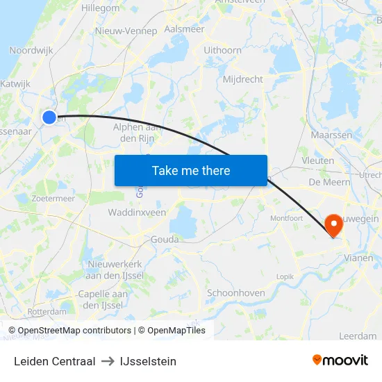 Leiden Centraal to IJsselstein map
