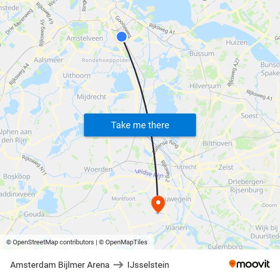 Amsterdam Bijlmer Arena to IJsselstein map