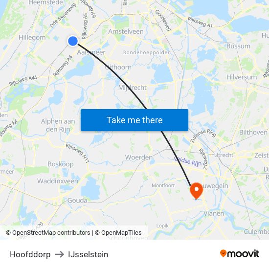 Hoofddorp to IJsselstein map