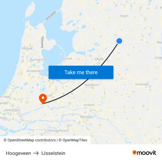 Hoogeveen to IJsselstein map