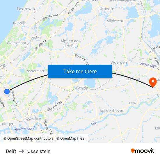 Delft to IJsselstein map