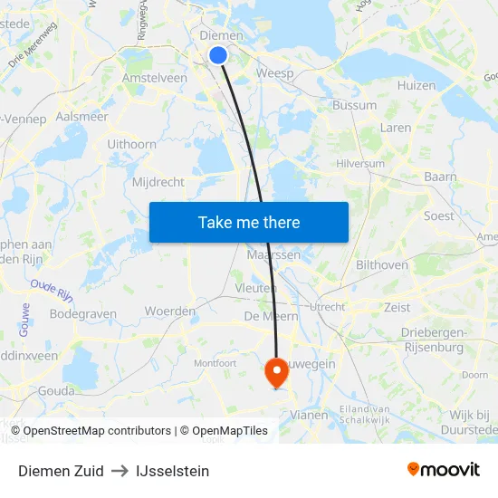 Diemen Zuid to IJsselstein map