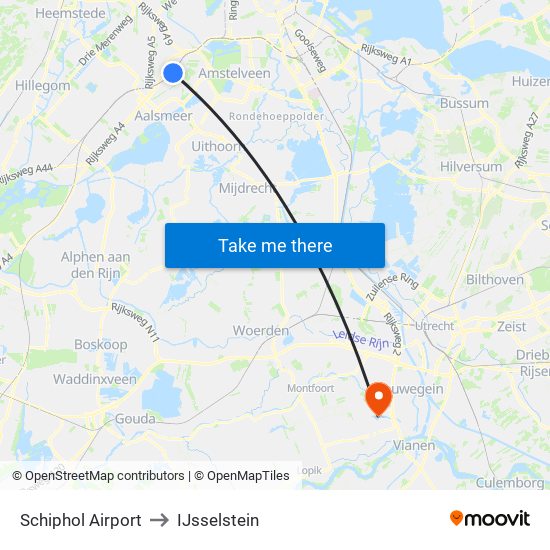 Schiphol Airport to IJsselstein map