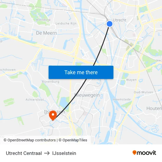 Utrecht Centraal to IJsselstein map