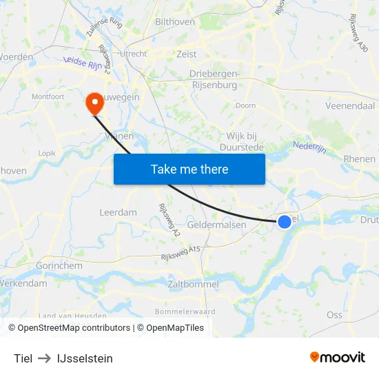 Tiel to IJsselstein map