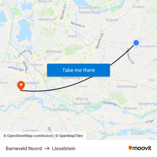 Barneveld Noord to IJsselstein map