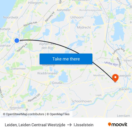 Leiden, Leiden Centraal Westzijde to IJsselstein map