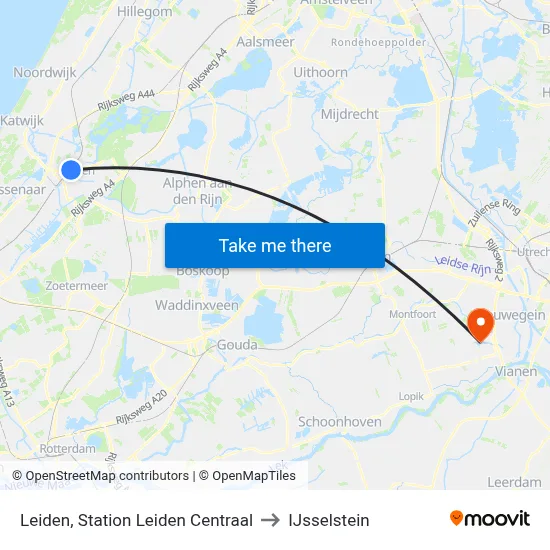 Leiden, Station Leiden Centraal to IJsselstein map