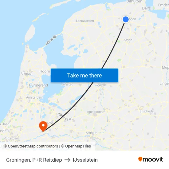 Groningen, P+R Reitdiep to IJsselstein map