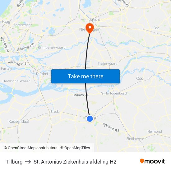 Tilburg to St. Antonius Ziekenhuis afdeling H2 map