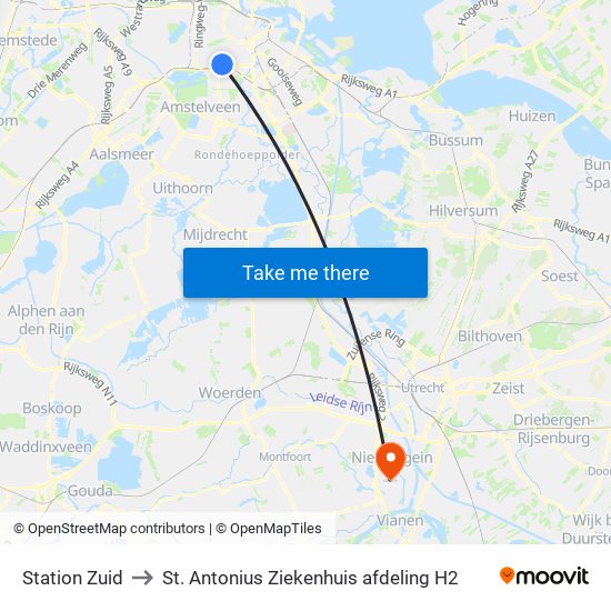 Station Zuid to St. Antonius Ziekenhuis afdeling H2 map