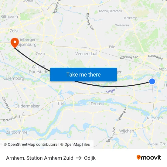 Arnhem, Station Arnhem Zuid to Odijk map