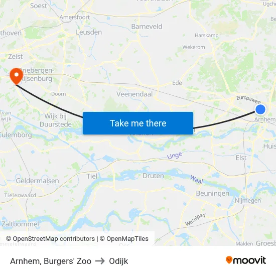 Arnhem, Burgers' Zoo to Odijk map