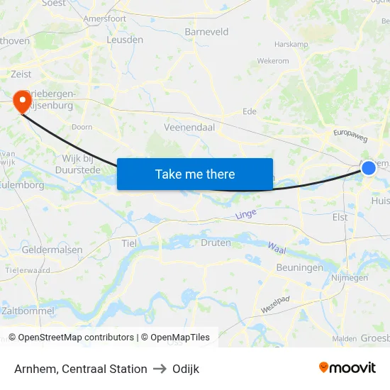 Arnhem, Centraal Station to Odijk map