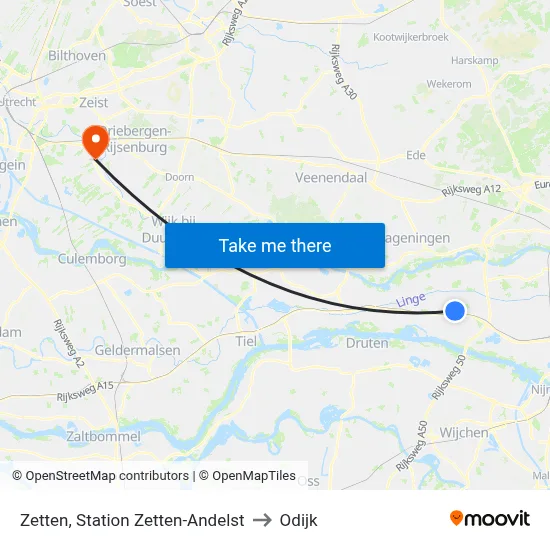 Zetten, Station Zetten-Andelst to Odijk map