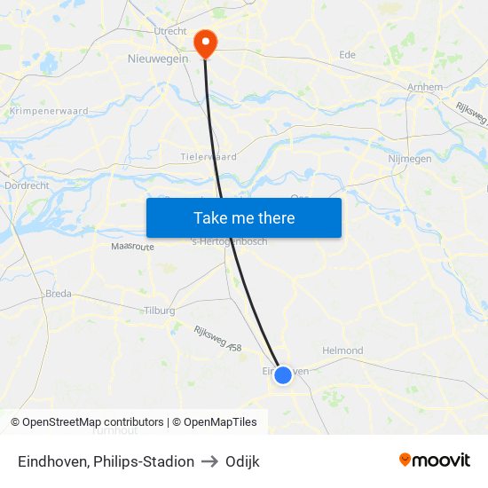 Eindhoven, Philips-Stadion to Odijk map