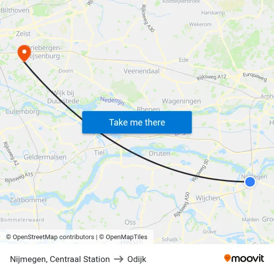 Nijmegen, Centraal Station to Odijk map