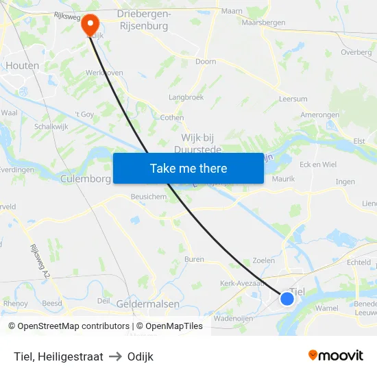 Tiel, Heiligestraat to Odijk map