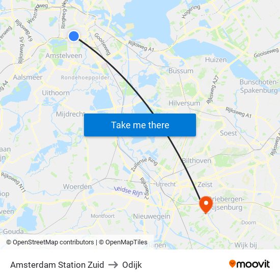 Amsterdam Station Zuid to Odijk map