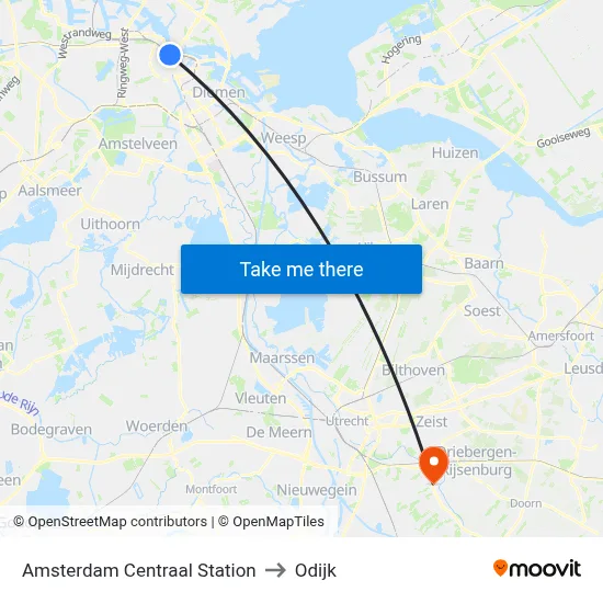 Amsterdam Centraal Station to Odijk map