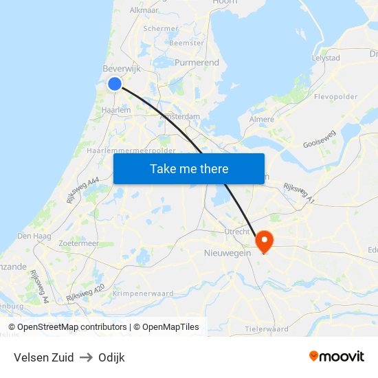 Velsen Zuid to Odijk map