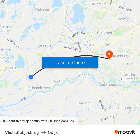 Vlist, Stokjesbrug to Odijk map