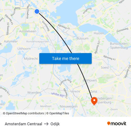 Amsterdam Centraal to Odijk map