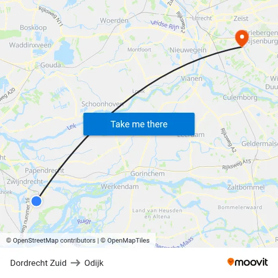 Dordrecht Zuid to Odijk map