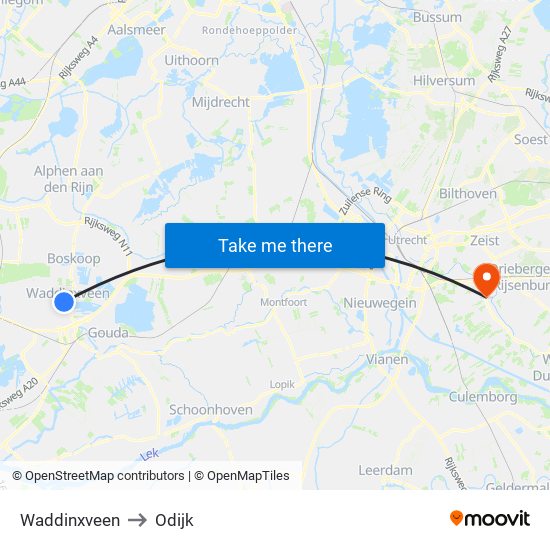 Waddinxveen to Odijk map