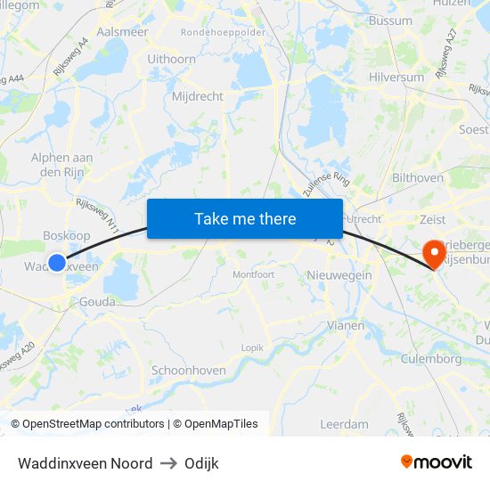 Waddinxveen Noord to Odijk map