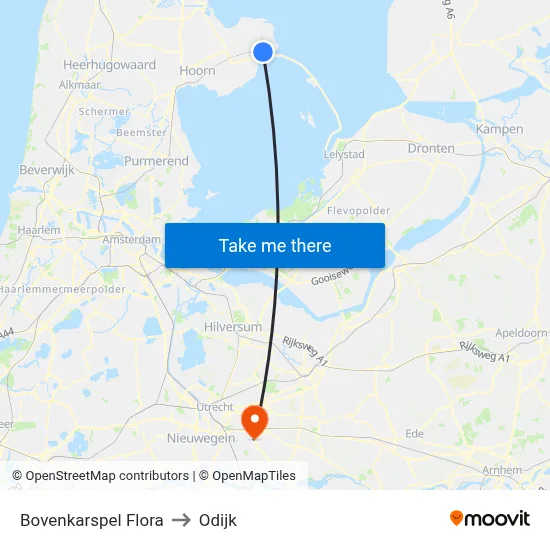 Bovenkarspel Flora to Odijk map