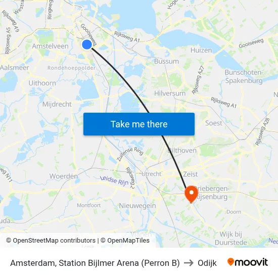Amsterdam, Station Bijlmer Arena (Perron B) to Odijk map