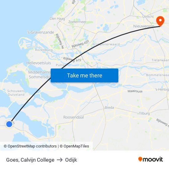 Goes, Calvijn College to Odijk map