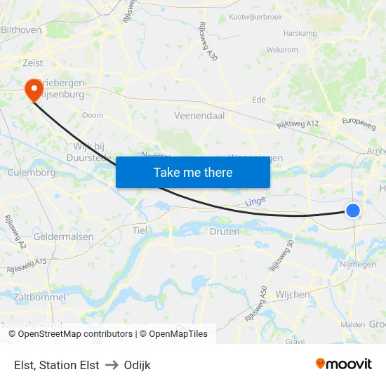 Elst, Station Elst to Odijk map