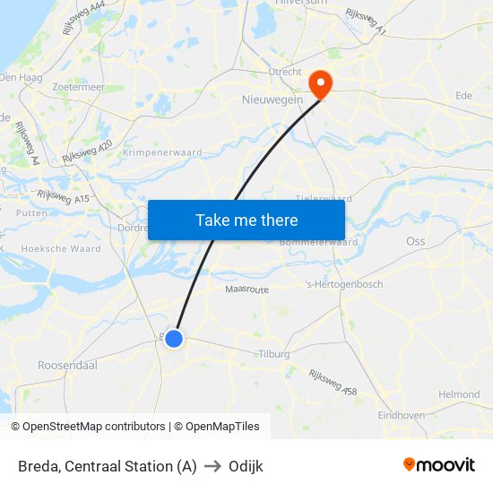 Breda, Centraal Station (A) to Odijk map