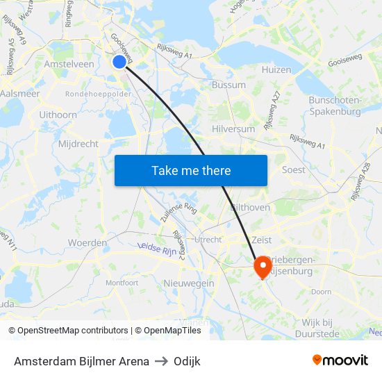 Amsterdam Bijlmer Arena to Odijk map