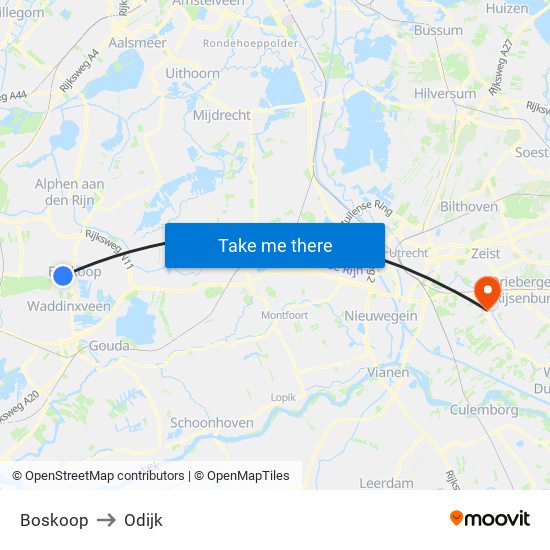 Boskoop to Odijk map