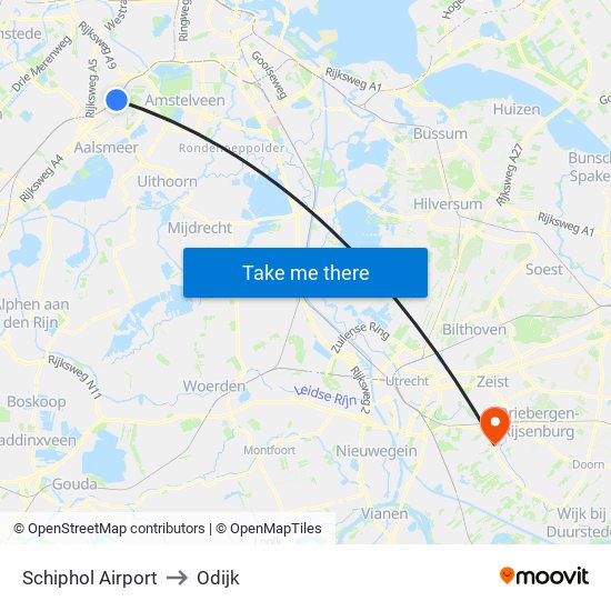 Schiphol Airport to Odijk map