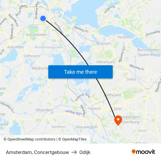 Amsterdam, Concertgebouw to Odijk map