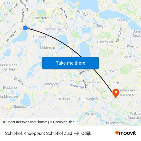 Schiphol, Knooppunt Schiphol Zuid to Odijk map