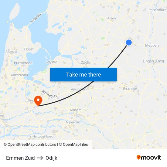 Emmen Zuid to Odijk map