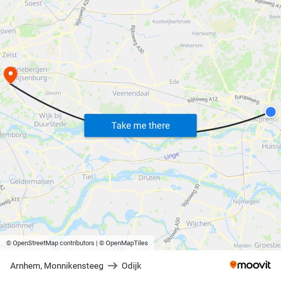 Arnhem, Monnikensteeg to Odijk map