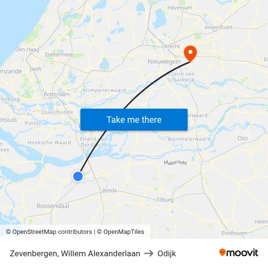 Zevenbergen, Willem Alexanderlaan to Odijk map
