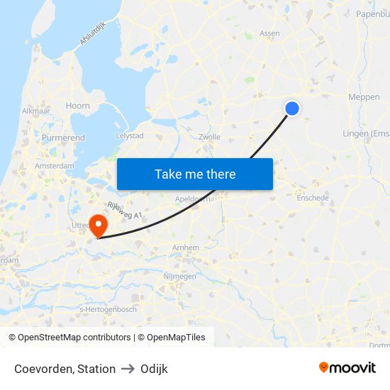 Coevorden, Station to Odijk map
