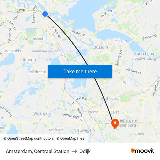 Amsterdam, Centraal Station to Odijk map