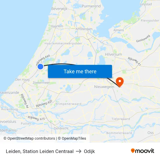 Leiden, Station Leiden Centraal to Odijk map