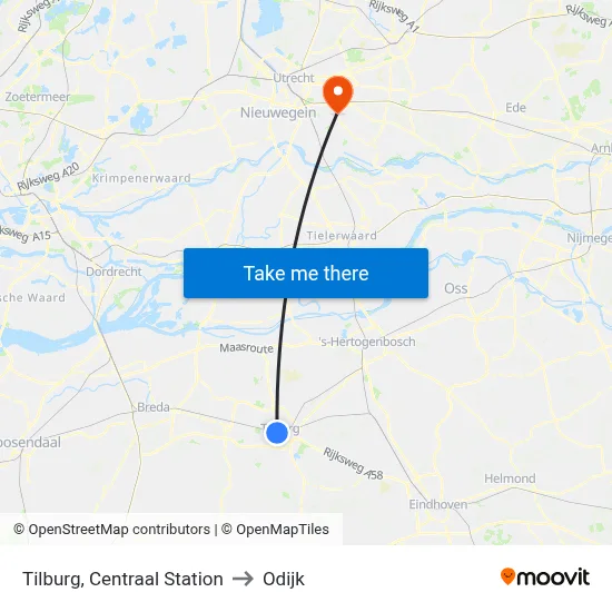 Tilburg, Centraal Station to Odijk map