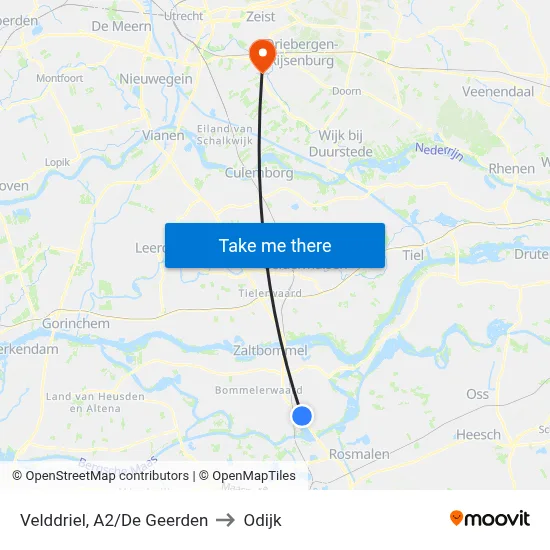 Velddriel, A2/De Geerden to Odijk map